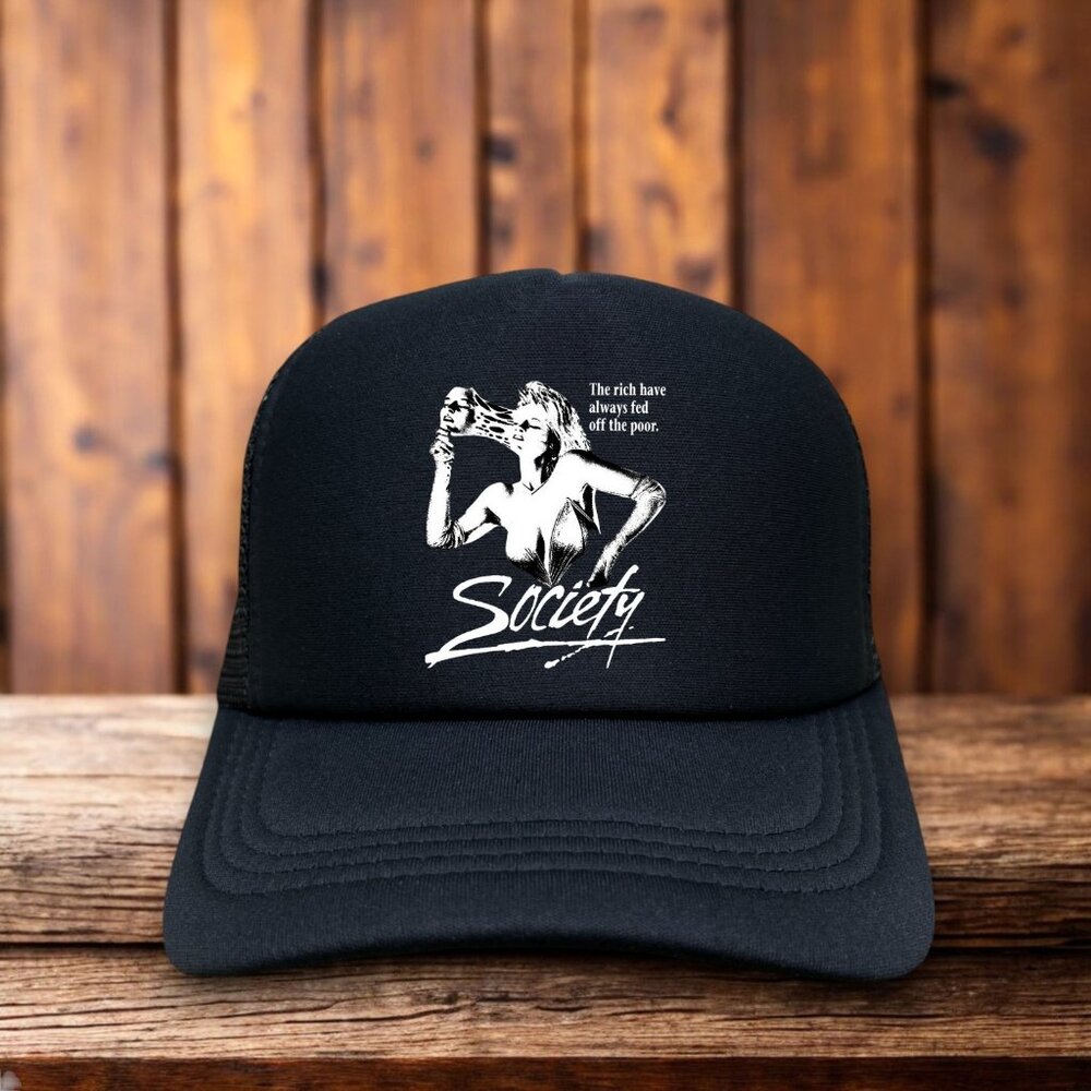 Society Mens Trucker Hat Black 80s Horror Satire Body Horror Rich Inequality
